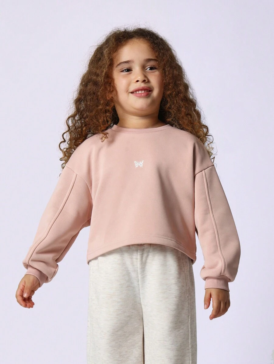 SUMWON Butterfly Detail Slouchy Sweatshirt Casual Athletic Pullover Crop Top For Girls Youth Sportswear Fall Winter Wear Everyday Athleisure Comfort