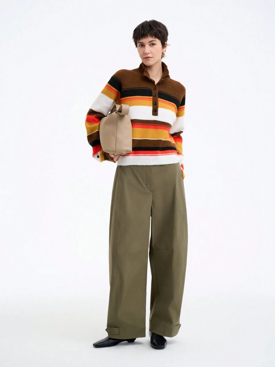 SHEIN LUNE Women's Front Button Long Sleeve Striped Casual, Daily Wear Knit Pullover Fall Winter Sweater - Brown - View 1
