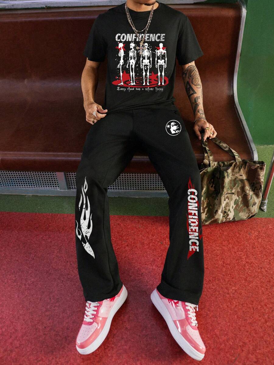 Manfinity Roghcode Men's Casual Skull & Letter Print Short Sleeve T-Shirt And Drawstring Waist Long Pants Set - Black - View 1
