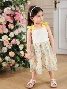 SHEIN Baby Girl Solid Color Patchwork Lace-Up Casual Dress - Yellow - View 3