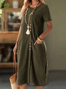 EMERY ROSE Women's Solid Color Button Front Short Sleeve Pocket Casual Dress - Army Green - View 3
