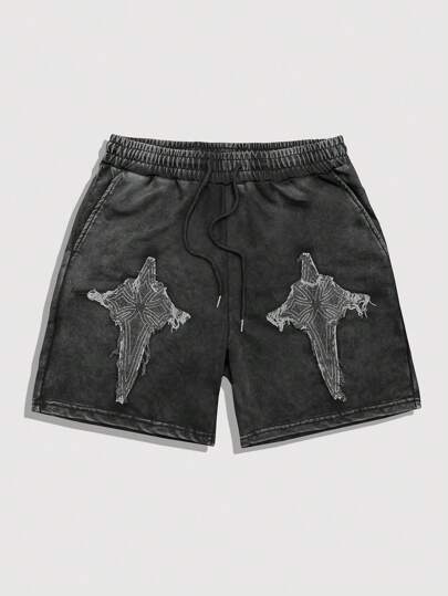 Grunge Punk Men's Cross Embroidery Basic Casual Shorts, Minimalist Style For Daily Wear