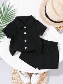SHEIN Playful Pals Baby Boys Texture Shirt And Shorts Street Fashion Casual Infant Outfit