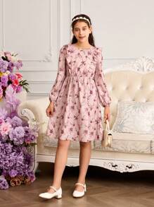 SHEIN 1 chiếc váy dài tay in hoa cổ tròn viền bèo nhún thời trang thường ngày cho bé gái tuổi teen (2 bộ trang phục gia đình đồng bộ được bán riêng) - Bụi hồng - Xem 6