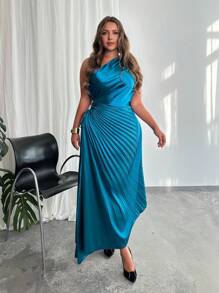 Firerie Women Plus Size Elegant Holiday Beach Asymmetrical Neck Tropical Chic Afternoon Tea Party High-End Venue Concert Dinner Asymmetric Pleated Hollow Out Waist Satin Long Dress