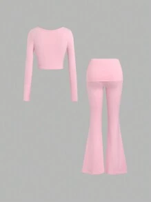 Sweetra 2 Stücke Damen Lässig eng anliegendes Set aus einfarbigem Top und Hose