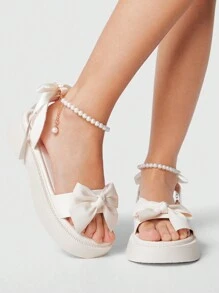 ROMWE Kawaii 法式甜美可爱蝴蝶结仙女款厚底仿珍珠踝带露趾时尚罗马凉鞋学生日式春鞋