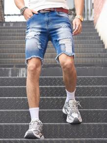 Manfinity Homme Men's Casual Ripped Distressed Hem Denim Shorts