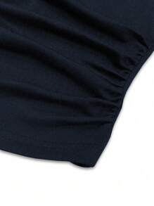 Hanevo Women's Fashion Round Neck Loose Batwing Sleeve Side Ruched Long Sleeve T-Shirt - Navy Blue - View 4