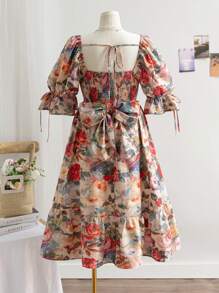 Dreamara 大码女式波西米亚风度假春季方领泡泡袖露背蝴蝶结中长连衣裙，适合夏季 - 彩色 - 查看 2