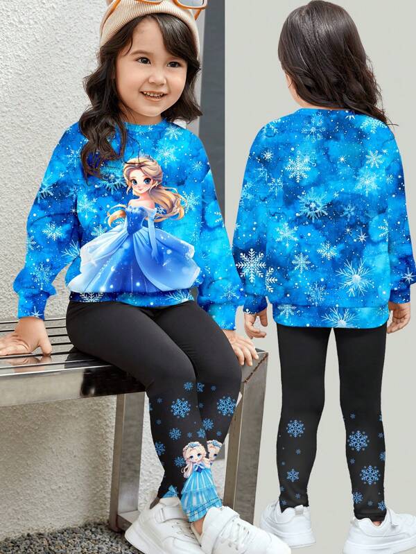 SHEIN 2pcs Set: Snow Princess Print Sweatshirt & Leggings Suit, Casual Fitting Young Girl, Suitable For Autumn/Winter