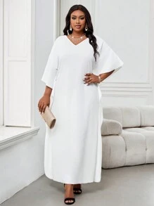 SHEIN Lady Spring And Summer Casual Elegant Boho Casual Outing Office White Knitted V Neck Flounce Flounce Sleeve Split Tunic Dress Kaftan Dress Long Short Sleeve Plus Size Dresses Elegant Women Dresses Classy Outfits Spring Outfits For Women Summer Dress Vacation Beach Vacation Outfits Spring Clothes Summer Clothes Beach Outfits For Woman Dresses For Women Elegant Modest Dress Abaya Dress Bohemian Boho Women Clothing White Dresses Beach Vacation Dresses For Women Elegant