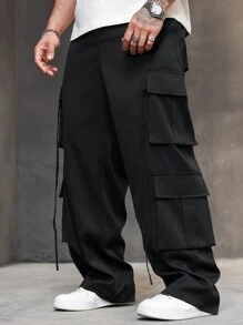 Manfinity Homme Plus Size Men's Solid Color Straight Loose Casual Cargo Pants - Black - View 3