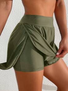 Swim Lushoire Shorts de playa de unicolor y diseño sencillo para uso diario en verano para mujer - Verde militar - Ver 1