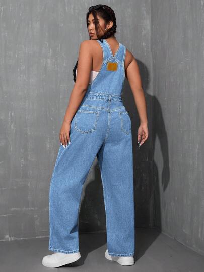 SHEIN ICON Plus Size Women's Pocketed Wide Leg Casual Denim Jumpsuit