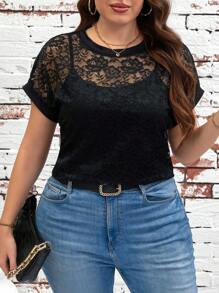 SHEIN Clasi Plus Size Women Lace Round Neck Batwing Sleeve Elegant Top For Summer - Black - View 6