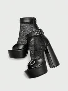 Cuccoo CUCCOO LuxiPop Bottes de cheville à la mode pour femmes, imperméables, à plateforme et talons hauts épais, avec mesh noir à l'avant, parfaites pour les fêtes du Nouvel An