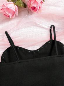 SHEIN Tween Girls' Fitted Heart-Shaped Pearl Decor Camisole Top - Black - View 3