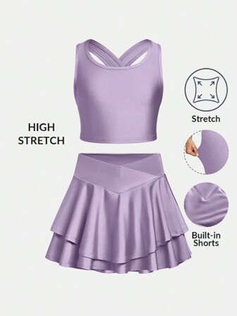 SHEIN Girlism 青少年女孩合身休闲交叉后背运动背心和短裤两件套