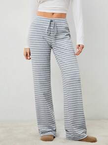 SHEIN Tall Women's Low Waist Striped Brushed Drawstring Yoga Loose Pants For Home - Grey - View 1