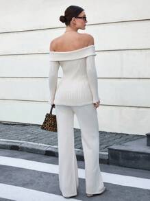 EURMUSE Vrouwen S Trendy Ruffle Collar 3d Flower Off-Shoulder Getailleerde Gebreide Trui Top En Trui Broek 2 stuks 2 Tweedelige Set Co-Ords