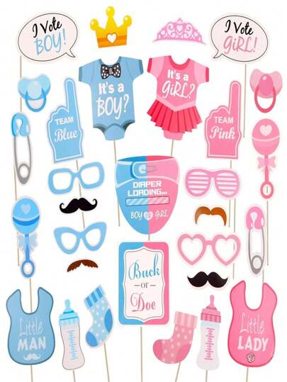 SHEIN 30 pezzi Occhiali e body design Photobooth Prop, Decorazione in carta colorata per Gender Reveal festa
