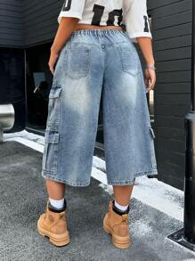 POPSWAY Plus Size Front Button Simple Casual Multi-Pocket Denim Capri Pants - Blue - View 2