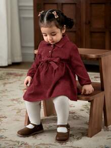 Cozy Pixies Abito casual da bambina con coulisse in vita, maniche a lanterna e collo a revers, in tinta unita, versatile