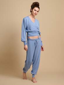 TryMe Setelan Wanita 2 Potong Warna Polos dengan Ikat Depan, Sweater Lengan Panjang dan Celana Rajut Motif Huruf, Pakaian Kasual Musim Gugur/Dingin - Biru - View 5