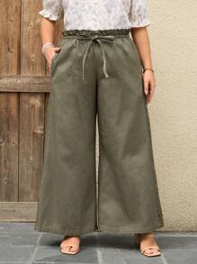 SHEIN LUNE Damen Jeans in Große Größen mit Taillenbindung, Taschen und weitem Bein, Lässig