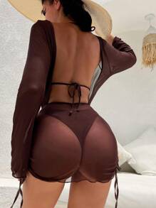 SHEIN Swim Women's Solid Color Halter Neck Sexy Bikini Set With Separated Swimming Suit, Matched With A Cover-Up Dress For Beach Holiday,Summer Beach
