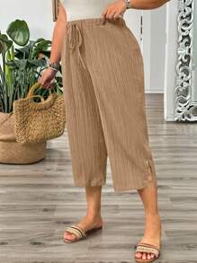 EMERY ROSE Plus Size Women's Solid Color Belted Loose Wide Leg Capri Pants - Khaki - View 1