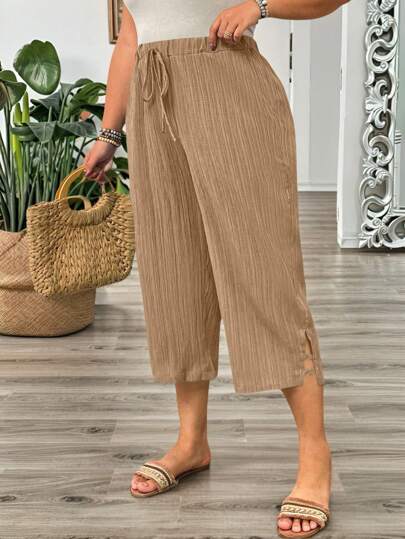 EMERY ROSE Plus Size Women's Solid Color Belted Loose Wide Leg Capri Pants