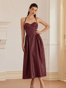 Aveloria Rosie Elegant & Charming Sexy Angola Red PU Halter Tie Waist Ruched Burgundy Dress For Women
