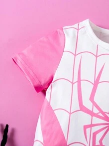 SHEIN Playful Pals 2 件套年轻女孩休闲蜘蛛印花圆领短袖上衣和裙子，适合户外玩耍、游乐园、居家、学校、化妆舞会、春夏 - 粉色 - 查看 7