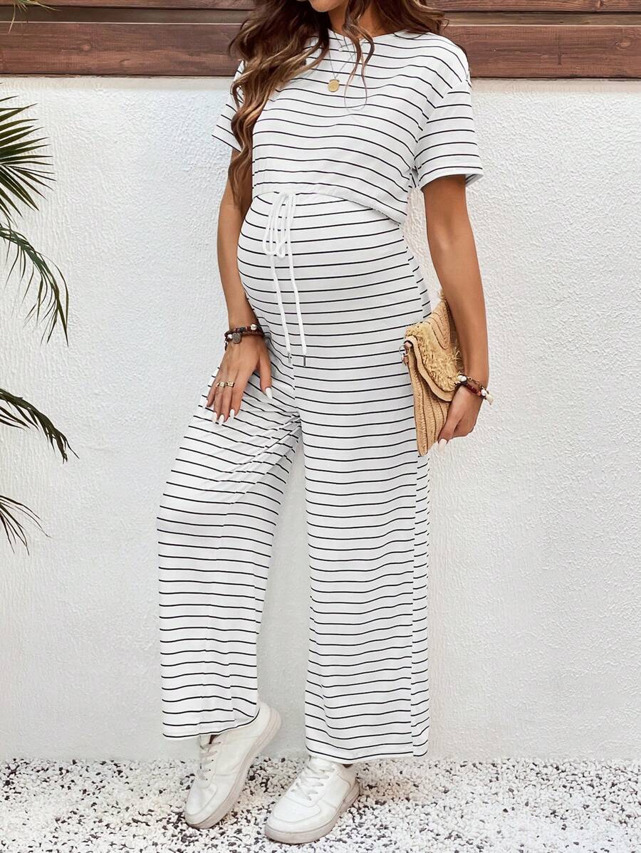 SHEIN Maternity Casual Striped Short Sleeve Jumpsuit - White - View 1
