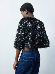 Maija Chaqueta urbana casual, versátil para usar a diario, en fiestas u ocasiones festivas, de manga media, cuello redondo, de material de lentejuelas negras, de corte holgado, adecuada para todas las estaciones, para mujeres