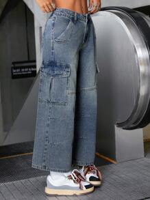 SHEIN ICON 女式街头风格休闲工装七分牛仔裤 - 中等水洗藍 - 查看 4