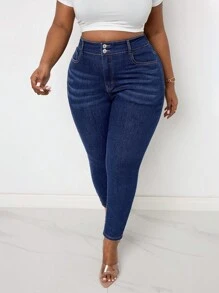 SHEIN Lady Plus High Waist Cat Whisker Jeans - Dark Wash - View 7