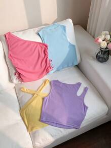 SHEIN EZwear 4 件套亮色不对称背心，纯色休闲时尚，适合日常穿着，春季