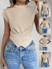 SHEIN Unity Women Linen Look Sleeveless Belted Casual Blouse, Suitable For Summer Vacation - Khaki - View 1