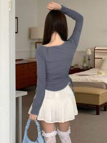 DAZY 女式弹力罗纹背心和前系带短裤套装，蓝色，春夏，女式两件套