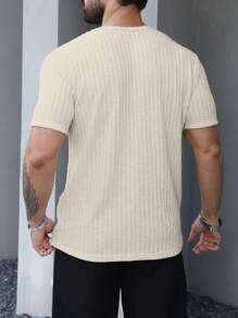 Manfinity Homme Men's Solid Color Front Button Short Sleeve Casual T-Shirt, Everyday Wear - Khaki - View 2