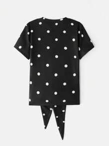 SHEIN Women Polka Dot Print Round Neck Short Sleeve Knotted Waist Casual T-Shirt - Black and White - View 2