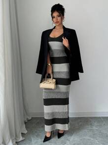 Elenzga Damen gestreiftes gestricktes ärmelloses figurbetontes Kleid