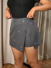 SHEIN Frenchy Plus Size Spring Casual Elegant Rhinestone Asymmetric Hem Mini Skirt Shorts - Grey - View 4