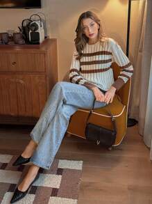 Gaivellea Women's Striped Contrast Color Pullover Sweater, Minimalist Fashion Casual For Daily Wear Knit Pullover Fall Winter Sweater - White - View 5