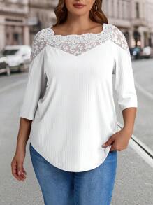 EMERY ROSE Plus Size Women's Teacher Clothes Loose Fit Mesh Patchwork 3/4 Sleeve T-Shirt, Spring/Summer