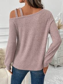 SHEIN LUNE Plus Size Women's Dusty Pink Autumn Asymmetric Neckline Ribbed T-Shirt,Smart Casual Everyday Elegant Pullover, Valentine's Day Warm Top - Dusty Pink - View 2