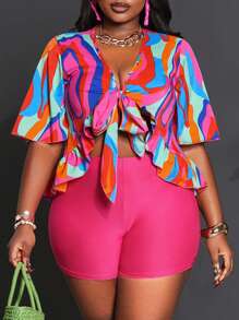 Slaydiva 2 stuks/set 2025 lente/zomer nieuwe crop top met strik op de borst en effen gekleurde op maat gemaakte fuchsia shorts, plus size vakantie-outfit